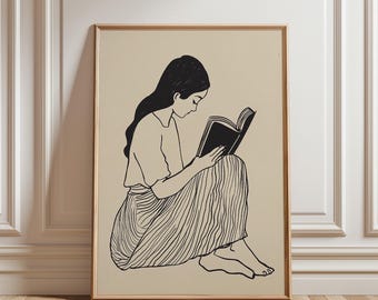 Woman Reading Poster, Book Lover Wall Art Print, Reading Nook Library Decor, Line Art Girly Poster, Cozy Bedroom Art
