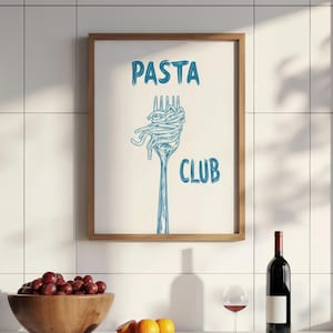 Pasta Print, Pasta Club Poster, Hand Drawn Modern Dinning Room Art, Digital Download, Pasta Lover Gift, Kitchen Wall Art, Retro Food Print