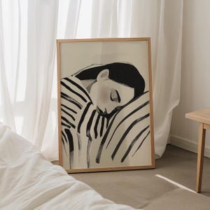 Resting Woman In Stripes, Abstract Wall Art, Black & White Print Woman Dress, Contemporary Artwork, Instant Download, Living Room Decor