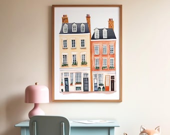 Decoração de parede de berçário em aquarela com lindas casas, decoração de quarto de bebê, arte neutra em aquarela para berçário, download digital