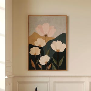 Fleur botanique abstraite, affiche en téléchargement numérique, impression murale, bleu noir beige, fleur abstraite, grande impression impression art bohème