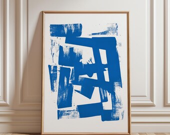 May include: Abstract art print featuring bold, blue brushstrokes on a white background. The print is framed in a natural wood frame.