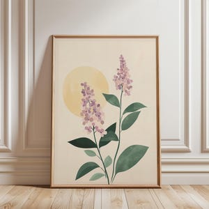 Abstract Lilac Flower And Sun Poster Art, Digital Download Wall Print, Large Printable Art, Botanical Flowers Print, Instant Download