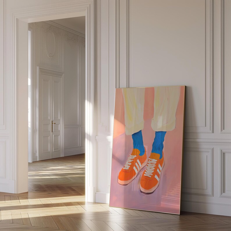 May include: A painting of a pair of orange and white sneakers with blue socks on a pink background.