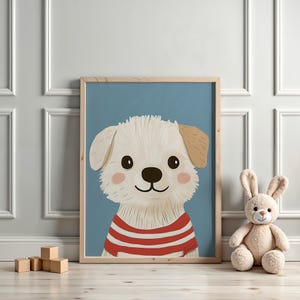 White Cute Dog Wall Art Print, Kids Room Decor, Nursery Animal Art, Dog Lover Gift, Puppy Nursery Art, Boys Girls Room, Digital Download