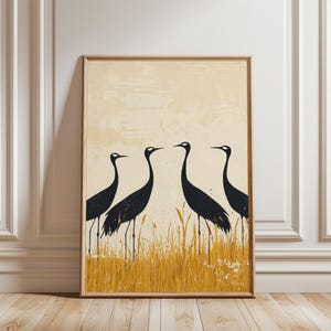 Stampa artistica di gru, illustrazione di uccello moderno, arte murale minimalista contemporanea gialla e beige, varie dimensioni, arredamento per la casa, download digitale