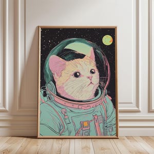 Vintage Space Cat Art Print: Eclectic Gallery Wall Decor (Digital Download)