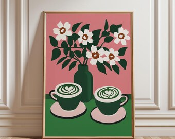 Cute Matcha Latte Illustration Poster, Coffee Print, Floral Poster, Kitchen Decor Wall Art Print, Housewarming, Digital Download