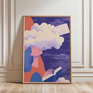 Book Lover Poster, Abstract Woman Reading a Book Art Cloud Print, Books Art, Girl Reading Art Print, Eclectic Wall Art, Digital Download