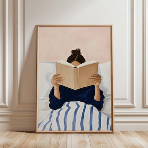 Poster di donna che legge a letto, stampa artistica da parete per amanti dei libri, decorazione per angolo lettura, poster retrò stravagante per ragazze, arte accogliente per camera da letto