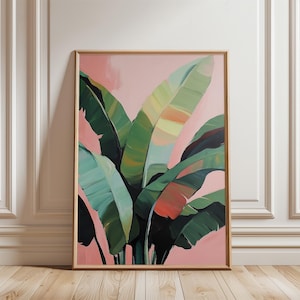 Opere d&#39;arte con foglie tropicali, stampa di dipinti botanici estivi rosa, poster estivi, arte stampabile preppy, arredamento massimalista, estetica femminile