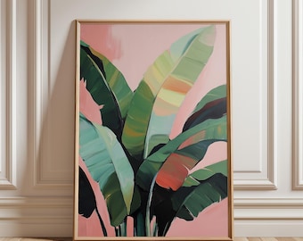 Tropical Leaves Artwork, Pink Summer Botanical Painting Print, Summer Poster, Preppy Printable Art, Maximalist Decor, Girly Aesthetic