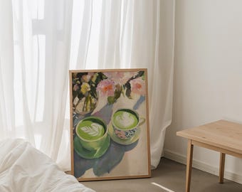 Matcha Latte Oil Painting Print: Floral Kitchen Decor (Digital Download