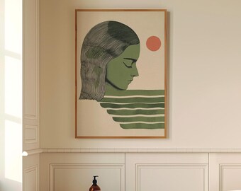 Japandi Woman and Sun Art Print: Minimalist Scandinavian Decor (Digital Download)