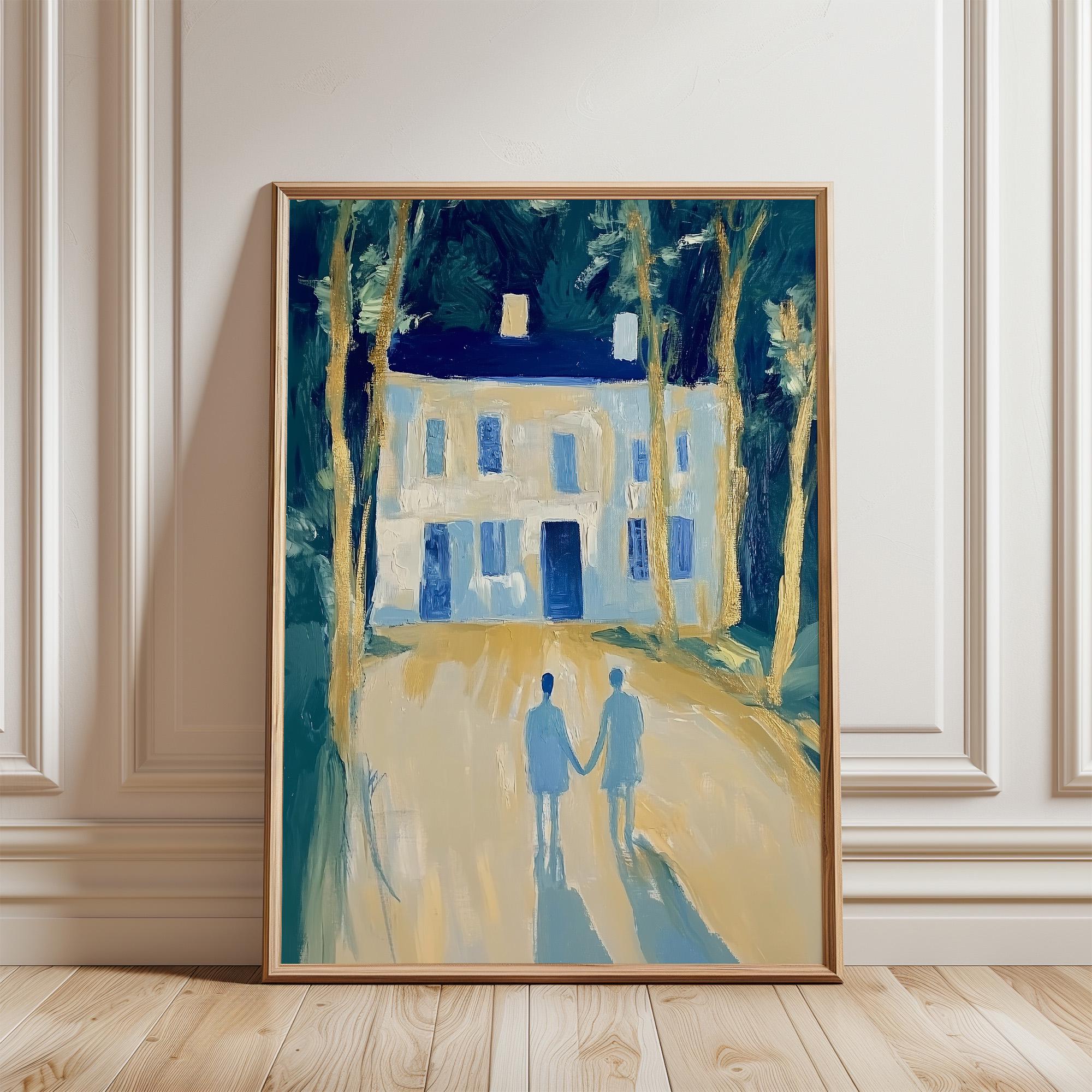 Holding Hands Abstract Oil Painting Artwork, Night Evening Building, Friendship Love Print, Livingroom Decor, Instant Digital Download