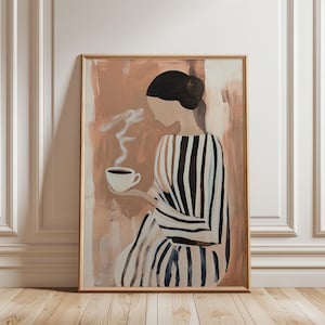 People Wall Art, Abstract Woman Print, Contemporary Minimalist Painting, Coffee Lover Art, Striped Dress Woman Artwork, Digital Download