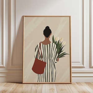 Donna con tulipani verdi, grande opera d&#39;arte murale, opera d&#39;arte contemporanea, stampa minimalista, stampa murale per soggiorno, stampa a righe, download digitale