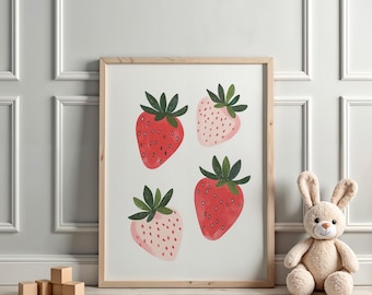 Cute Strawberry Print, Strawberry Wall Art, Girly Nursery, Toddler Room Decor Girl Nursery Decor, Kids Fruit Art, Instant Digital Download