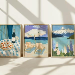 Set of 3, Summer Wall Art Print Set, Summer Digital Prints, Wine And Pizza, Beach Aesthetic, Coastal Decor Digital Download