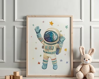 Uroczy nadruk z astronautą, kosmiczna sztuka ścienna do pokoju dziecięcego, wystrój pokoju dziecięcego, prezent na baby shower w kosmosie, sztuka kosmiczna, natychmiastowe pobieranie cyfrowe