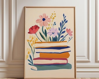 Puede incluir: Una pila de libros coloridos con un ramo de flores rosas, moradas, amarillas y rojas en la parte superior. Los libros están pintados en un estilo plano con un fondo crema.