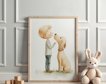 Golden Retriever Nursery Art Print: Boy and Dog (Digital Download)