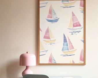 水彩画の帆船プリント：海をテーマにした保育園用アート（デジタルダウンロード）
