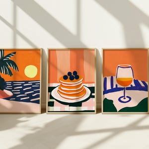 Set of 3, Summer Wall Art Print Set, Summer Digital Prints, Pancake Print, Beach Aesthetic, Colorful Trendy Summer Art, Digital Download