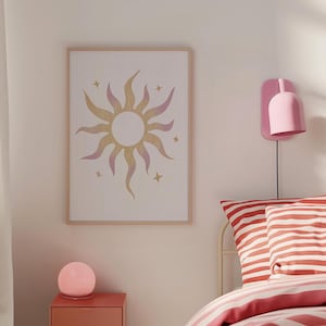 Lámina de guardería con diseño de sol, obra de arte bohemia para imprimir en género neutro, sala de juegos bohemia, decoración artística, póster infantil moderno de mediados de siglo