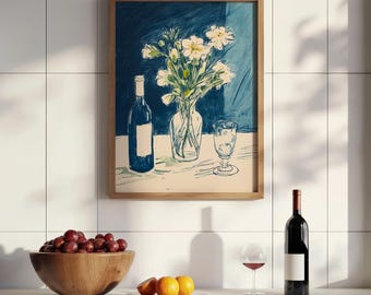 Impresión de vino de mediados de siglo: Arte mural de cocina azul (descarga digital)