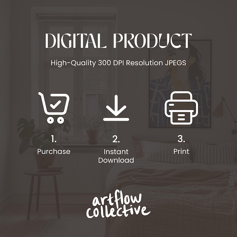 Pode incluir: Imagem promocional de um produto digital com o texto "DIGITAL PRODUCT" e "High-Quality 300 DPI Resolution JPEGS." Mostra um carrinho de compras, um &iacute;cone de download e uma impressora com instru&ccedil;&otilde;es.