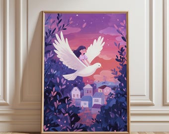 Girl and Bird Art Print: Whimsical Nursery Decor (Digital Download)