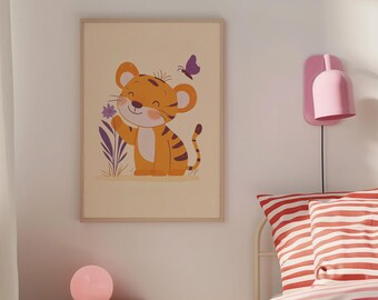 Tiger And Flower, Cute Nursery Art, Fun Animal Nursery Illustration, Quirky Jungle Wall Art Print, Kids Room Decor, Instant Digital Download