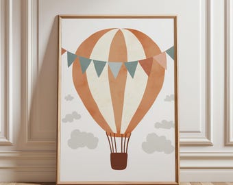 Plakat do pokoju dziecięcego z motywem balonu na ogrzane powietrze: Sztuka podróżnicza (do pobrania w wersji cyfrowej)