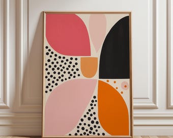 Impressão de arte abstrata pontilhada: decoração de parede moderna e colorida de meados do século (download digital)