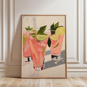 Summer Cocktail Print, Pink Bar Cart Art, Retro Bar Cart Decor, Preppy Drink Painting, Trendy Wall Art, Instant Digital Download