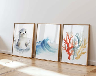 Impressions d'art pour chambre d'enfant sous la mer : animaux marins, lot de 3 (téléchargement numérique)