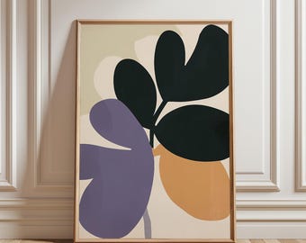 May include: Abstract art print featuring a stylized floral design with purple, black, orange, and cream colored shapes.