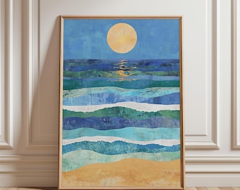 Minimalistische zonsondergang oceaanprint: Coastal Beach House Art (digitale download)