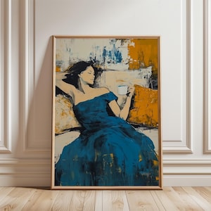 People Wall Art, Abstract Woman Print, Contemporary Minimalist Painting, Coffee Lover Wall Art, Blue Dress Woman Artwork, Digital Download