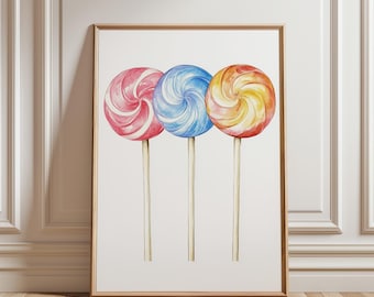 Lámina artística de piruleta: Decoración de dulces coloridos para la cocina o la habitación de un bebé (descarga digital)