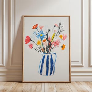 Abstract Botanical Wall Art, Colorful Floral Wall Art, Striped Flower Vase Printable Art, Summer Floral Illustration, Digital Download