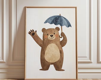 傘を持ったクマのプリント：気まぐれな子供部屋の壁アート（デジタルダウンロード）