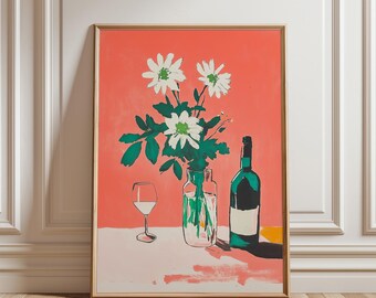 Lámina de vino y flores vintage: Decoración de cocina moderna de mediados de siglo (descarga digital)