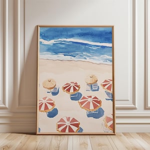 Beach Umbrellas Print: Retro Coastal Oil Painting (Digital Download)