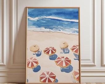 Beach Umbrellas Print: Retro Coastal Oil Painting (Digital Download)