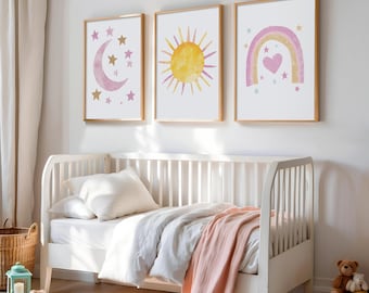 Sun Rainbow Moon Nursery Art Print Set: Boho Kids Room Decor (Digital Download)