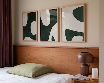 Groene abstracte kunstafdrukken: moderne set van 3 uit het midden van de eeuw (digitale download)
