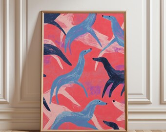 Peut inclure: Une impression abstraite colorée avec un motif répétitif de chiens stylisés bleus et noirs sur un fond rose.