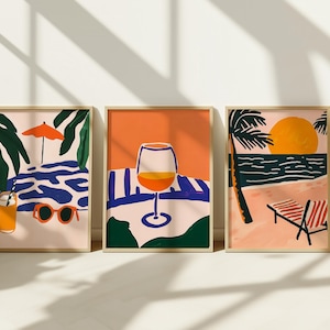 Set of 3, Summer Wall Art Print Set, Summer Digital Prints, Vacation Drinks, Beach Aesthetic, Colorful Trendy Summer Art, Digital Download